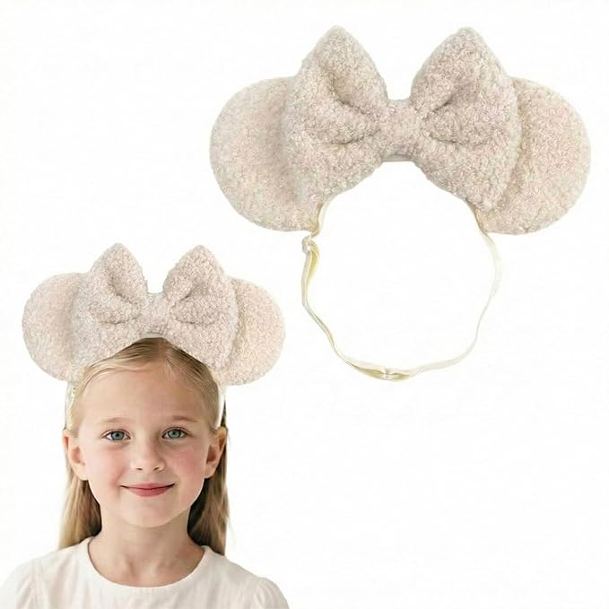 Fleece Wool Mouse Ears Headband with Bow, Adjustable Fluffy Hair Bow Hairband for Infant Toddlers Baby Girls
