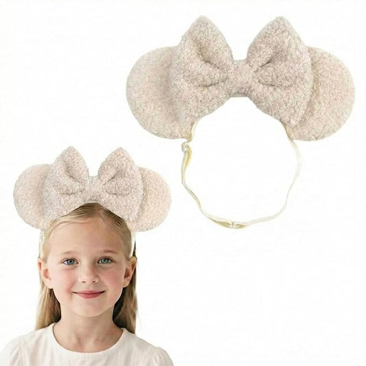 Fleece Wool Mouse Ears Headband with Bow, Adjustable Fluffy Hair Bow Hairband for Infant Toddlers Baby Girls