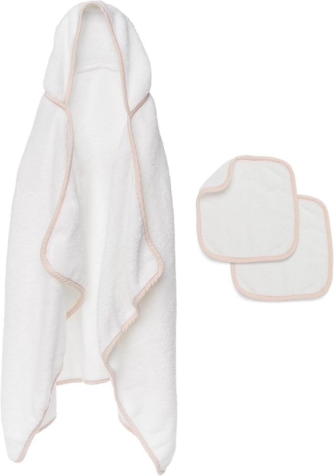 Lalo The Hooded Towel & Washcloth Set, 100% Organic Cotton, Soft on Sensitive Skin, Durable & Absorbent, Machine Washable, Includes One Baby Towel and Two Washcloths - Grapefruit