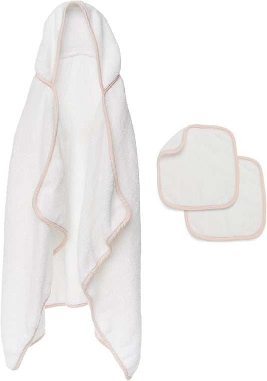 Lalo The Hooded Towel & Washcloth Set, 100% Organic Cotton, Soft on Sensitive Skin, Durable & Absorbent, Machine Washable, Includes One Baby Towel and Two Washcloths - Grapefruit
