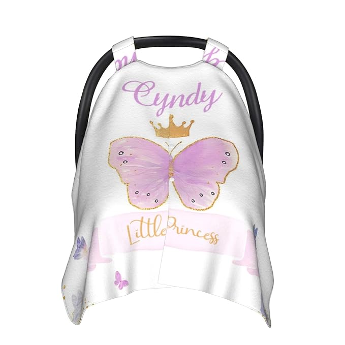 Personalized Baby Car Seat Canopy for Babies, Custom Name Car Seat Covers for Baby Girls, Butterfly Purple Opening Minky Nursing Breastfeeding Cover for Infant, Carseat Canopies for Newborn