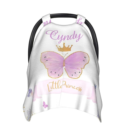 Personalized Baby Car Seat Canopy for Babies, Custom Name Car Seat Covers for Baby Girls, Butterfly Purple Opening Minky Nursing Breastfeeding Cover for Infant, Carseat Canopies for Newborn