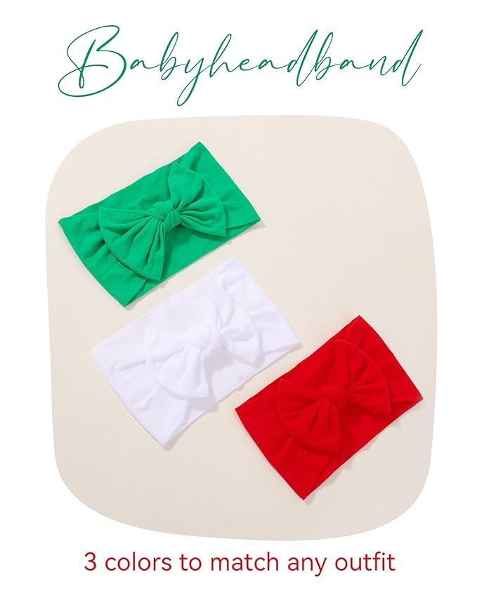 jollybows 3PCS Baby Christmas Bow Headbands Soft Nylon Baby Girl Headbands for Newborn Infant Toddler Kids Cute Bow Wide Hairbands Hair Accessories(White Green Red-Merry Christmas)
