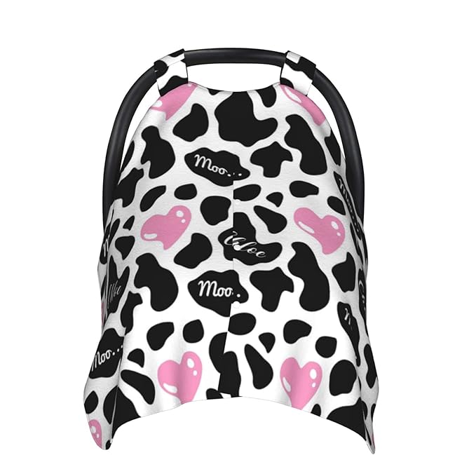 Personalized Cow Print Baby Infant Car Seats Canopy for Babies with Name, Custom Love Heart Lightweight Covers for Baby Boys Girls, Minky Nursing Breastfeeding Stroller Canopies for Newborn