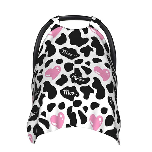 Personalized Cow Print Baby Infant Car Seats Canopy for Babies with Name, Custom Love Heart Lightweight Covers for Baby Boys Girls, Minky Nursing Breastfeeding Stroller Canopies for Newborn