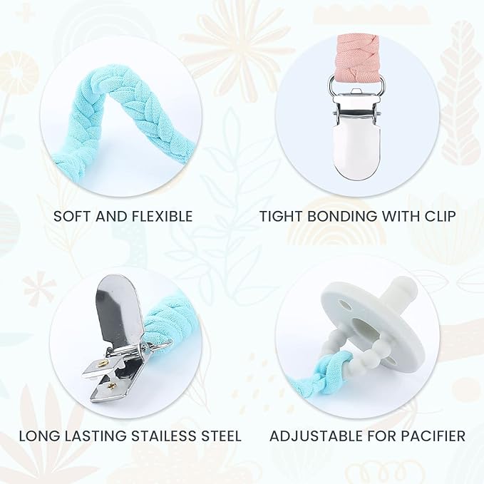 Pacifier Clips for Baby Boy and Girls, Handmade Braided Pacifier Holder, Baby Pacifiers Clips Leash Cotton Smoother Binky Clips Newborn Fits All Pacifier Unisex Baby Shower Case (Muilticolor)