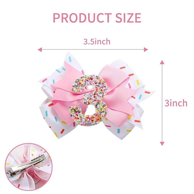 Birthday Hair Clips for Baby Girls - 2Pc Pink Sprinkle Bow Hair Clips for 3rd Birthday Glitter Ice Cream Baby Bow Party Decorations for Girls Toddlers Hair Accessories (Pink-3 Years)