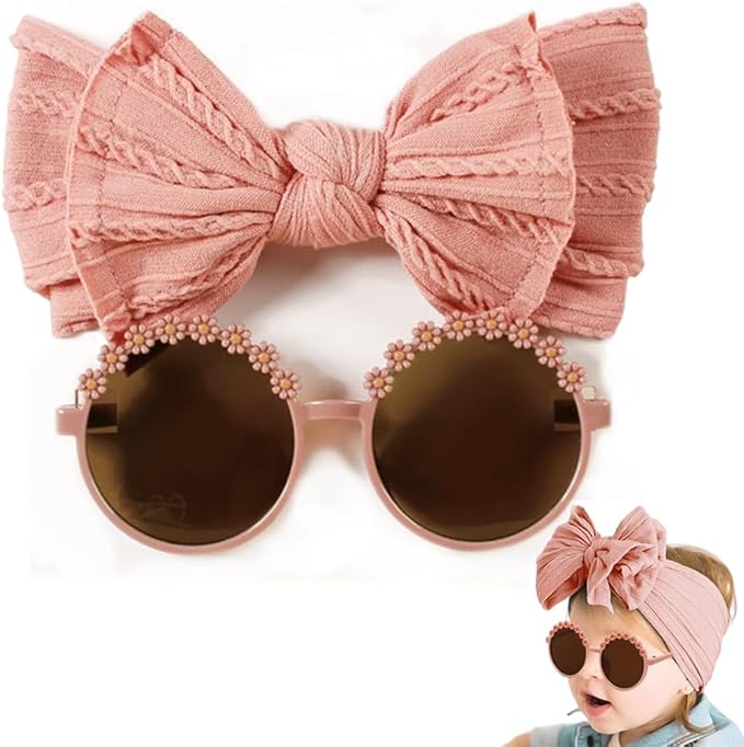 Baby Girls Soft Bows Headband and Daisy Flower Sunglasses Set Hair Bow Headwrap Hair Accessories for Toddler Infant