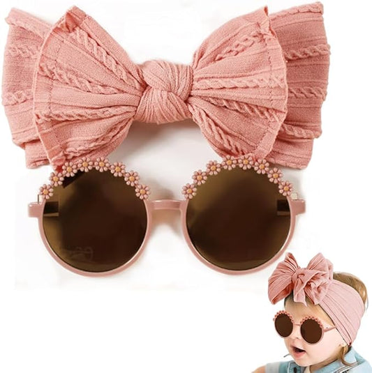 Baby Girls Soft Bows Headband and Daisy Flower Sunglasses Set Hair Bow Headwrap Hair Accessories for Toddler Infant