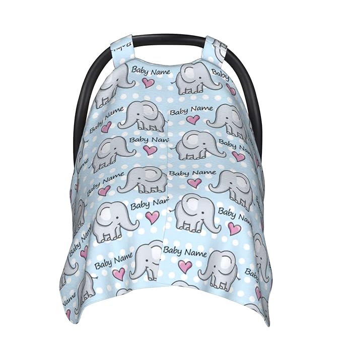 Personalized Elephant and Heart Baby Infant Car Seats Canopy for Babies with Name, Custom Car Seat Covers for Baby Boys Girls, Peekaboo Minky Nursing Breastfeeding Stroller Canopies for Newborn