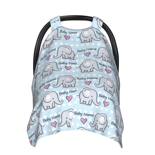 Personalized Elephant and Heart Baby Infant Car Seats Canopy for Babies with Name, Custom Car Seat Covers for Baby Boys Girls, Peekaboo Minky Nursing Breastfeeding Stroller Canopies for Newborn