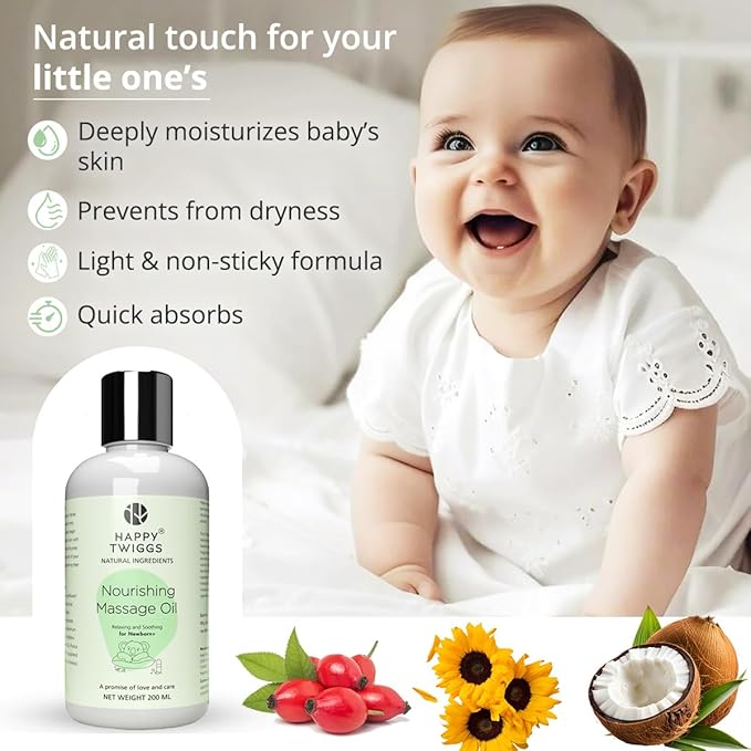 Organic Massage Oil for Newborn, Kids, Toddlers, Adults with Sensitive Skin - Coconut, Sunflower & Rosehip, Fragrance-Free, Hydrating, Non Greasy, Vitamin E Infused - Hypoallergenic & Cruelty-Free