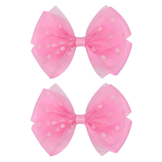 Tiny 3 Inch Dot Organza Double Hair Bow Clips - Cute Lined Boutique Alligator Hairpin for Girls, Toddlers, and Little Teens - Kids Barrettes Set of 2 Small Stylish (Hot Pink)