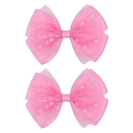 Tiny 3 Inch Dot Organza Double Hair Bow Clips - Cute Lined Boutique Alligator Hairpin for Girls, Toddlers, and Little Teens - Kids Barrettes Set of 2 Small Stylish (Hot Pink)