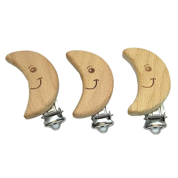 5pcs Natural Beech Wood Animal Pacifier Clips Grasping Toy Suspender Chain Clips Charm Antique DIY Beading Accessory (Moon)