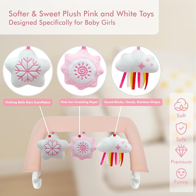 iGRATENS Baby Bjorn Bouncer Toy Bar, Toy Bar for Baby Bouncer Bliss and Balance Soft with 3 PCS Cute Sensory Toys, Easy to Attach and Remove, Skin -Friendly, Machine Washable, Pink and White, Soft