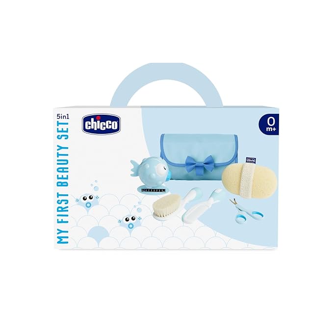 Chicco Baby Bath Set, Gift Idea, Birth Gift, with Comb, Soft Brush, Thermometer, Sponge Bath Glove and Scissors, Baby Hygiene, Light Blue