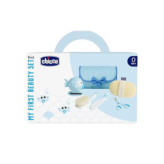 Chicco Baby Bath Set, Gift Idea, Birth Gift, with Comb, Soft Brush, Thermometer, Sponge Bath Glove and Scissors, Baby Hygiene, Light Blue