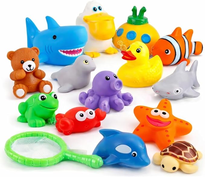 15 PCS Ocean Animals Rubber Bath Toy Water Squirters with Floating Bathtub Squeeze and Play Soft Sea Creatures anf Fishing Net for Baby, Toddlers and Kids