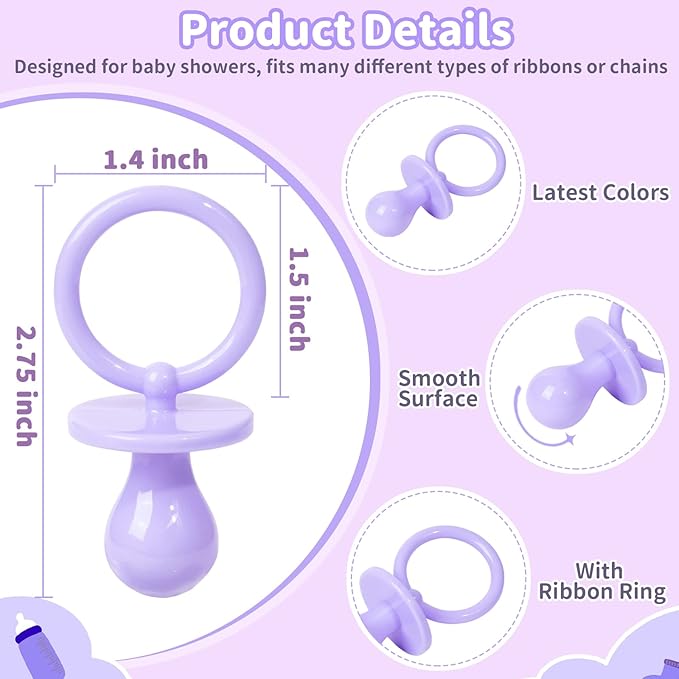 36 Plastic Pacifiers for Baby Shower Game, 2.75’’ Baby Shower Pacifiers, Purple Pacifiers for Baby Shower Decoration DIY, Gender Reveal Party Table Scatter/Baby Shower Party Favors (Purple)