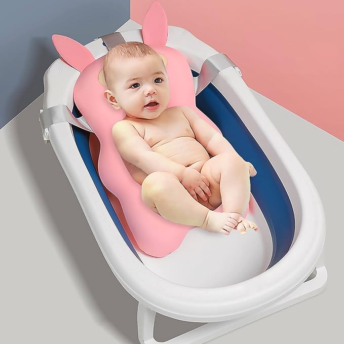 SONARIN Baby Bath Pad,Non-Slip Baby Bath Cushion Mat Infant Floating Bathtub Pad Newborn Bath Tub Seat Mat Soft Bath Pillow for Tub Adjustable Baby Shower Support Seat for Baby 0-12 Months(Pink)