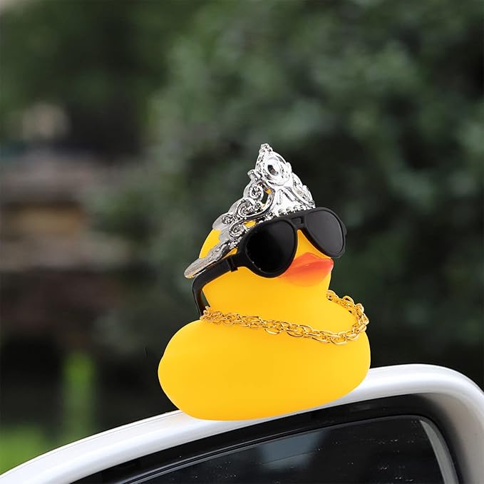 wonuu Car Duck Rubber Duck Car Ornaments Duck Car Dashboard Decorations with Cute Headband Swim Ring Necklace Sunglasses, C-Female Crown&Gold Chain