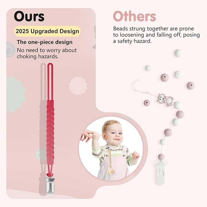 TenderBabe Silicone Pacifier Clip for Baby Girls and Boys, Pack of 6 Soft Flexible Paci Binky Clips with One-Piece Braided-Style Design,BPA-Free Baby Essentials