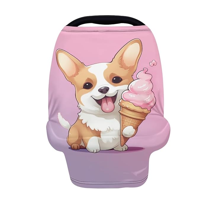 HUIACONG Ice Cream Corgi Carseat Canopy Gradient Baby Car Seat Cover Nursing Breathable Scarf for Babies Multi-Use Cover Ups for Stroller High Chair Shopping Cart Gifts