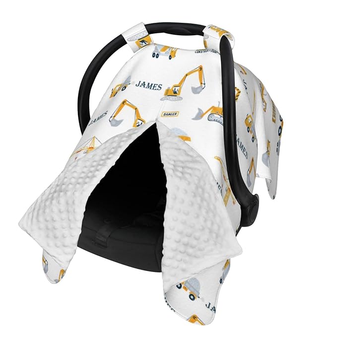 Personalized Baby Car Seat Canopy for Babies with Name, Custom Construction Vehicle Stroller Car Seat Covers for Boys, Nursing Carseat Cover for Breastfeeding, Car Seat Canopies for Infant Newborn