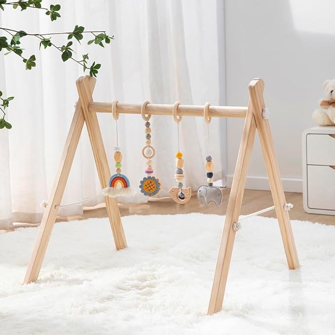 Wooden Baby Play Gym with Hanging Bar, 4 Gym Toys and Natural Pine Wood, Perfect for Infant Development