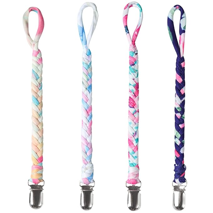 4 Pieces Pacifier Clips for Infant Boys and Girls Universal Pacifier Holder Hand-Made Braided Soothie Leash for All Pacifiers Teething Drool Bibs (Gray, Yellow, White, Blue)
