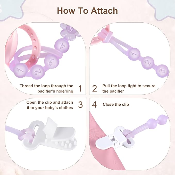 Silicone Pacifier Clip Holder with One-Piece Beads, 4 Packs Soft Flexible and Rust-Free Binky Pacifiers Clips for Teething Relief Baby Essentials Accessories, Safe for Boy and Girl