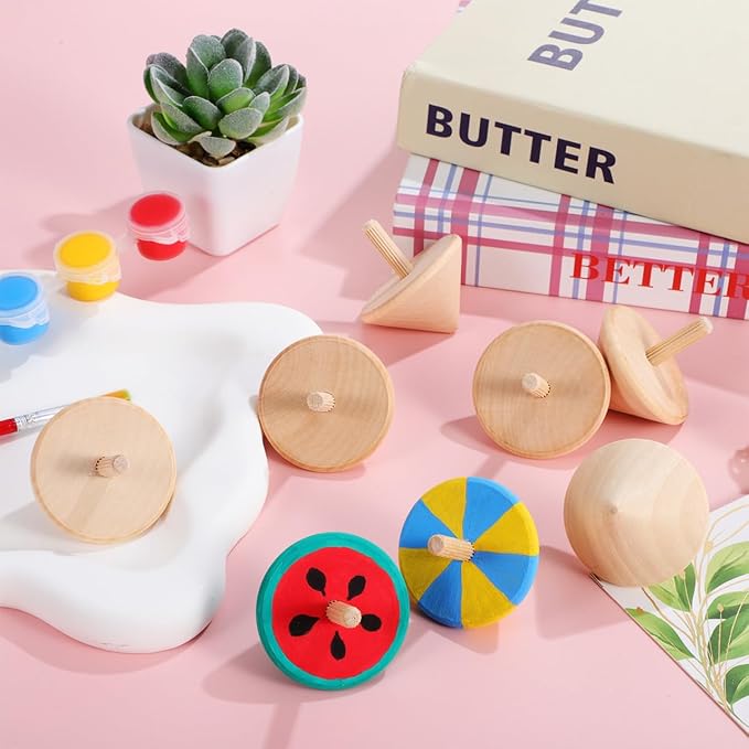 NUOBESTY Wood Spinning Tops for Kids, Unfinished Wooden Gyroscope Toys Spin Tops Montessori Toys for DIY Crafts, Birthday Party Favors, Family Game (12 Pieces)