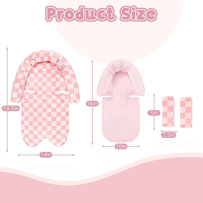 Infant Car Seat Insert with 2 Strap Pads, Carseat Cushion Baby Boy & Girl, Soft and Comfortable Carseat Head Support for Newborn, Pink Checkered