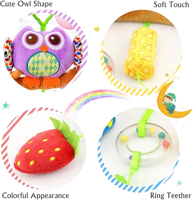 daisy's dream Owl Baby Rattle Stroller Toys for Infant Hanging Plush Toys with Wind Chime and Squeak for Crib Bed Car Seat 8.26'' x 16.9''