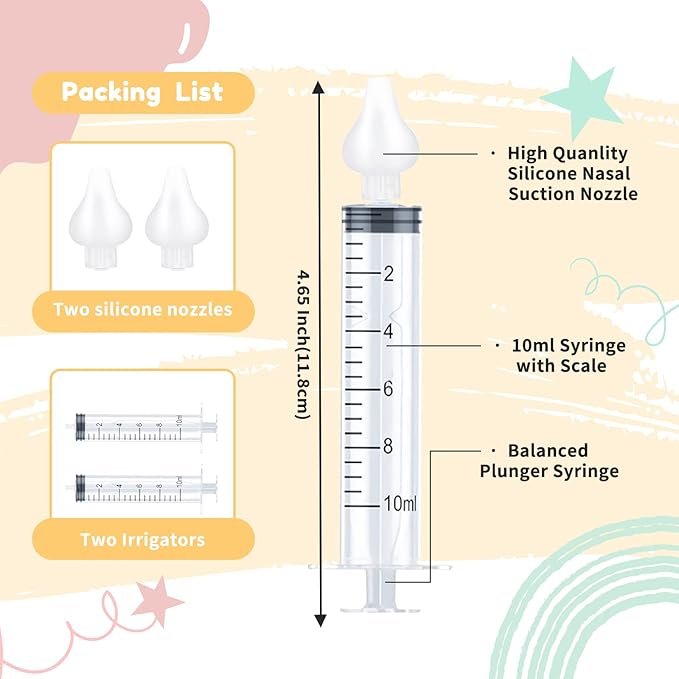 Nasal Irrigator for Baby 10ml Professional Baby Nasal Aspirator with Safe Silicone Nasal Suction Tips Portable Baby Nasal Syringe Infant Nose Cleaner 2 Pieces