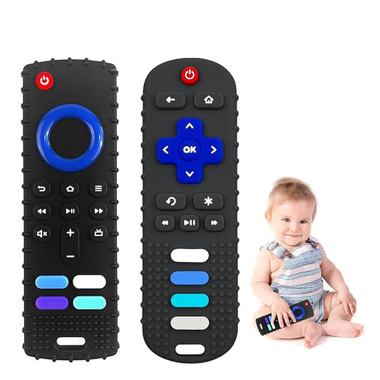 ROBBEAR Baby Teething Toys, Food Grade Silicone Teethers for Babies 3 6 12 18 Months, Fire TV Remote Shape Infant Chew Toys for Boys and Girls, Freezer BPA Free (Black+Black)