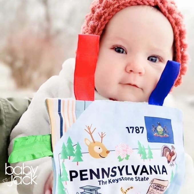 Baby Jack & Co 8x8” Learning Lovey Pennsylvania State Tag Stroller Toy for Babies - Crinkle Toys for Developing Five Senses - Learn About Capitals - Travel with Baby Jack - BPA Free Clip