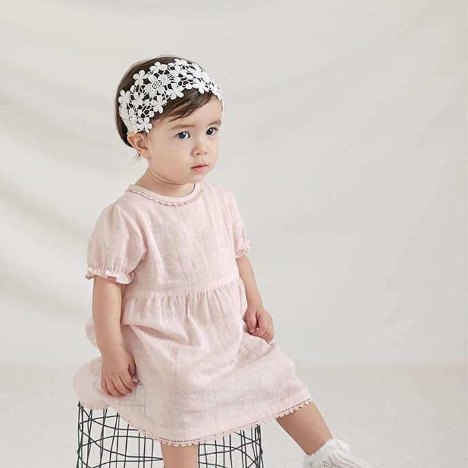 Baby Girls Flower Headbands Cute Kids Christening Headband Soft Lace Hairbands Floral Crown Newborn Infant Toddlers Hair Accessories for Birthday Party Photography(Beige Flowers)