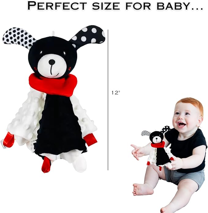 High Contrast Baby Security Blanket-Soft Sensory Lovey for Babies-Red, Black and White Blankie Comfort Toy (Spot the Pup)