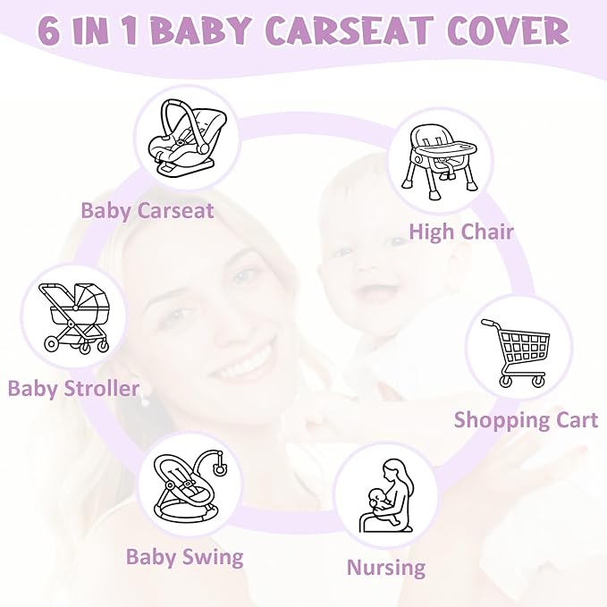 Baby Car Seat Cover Girls, Infant Carseat Canopy, Stretchy Multi- use Nursing Cover for Stroller/High Chair/Shopping Cart/Car Seat Canopies (Purple Floral)