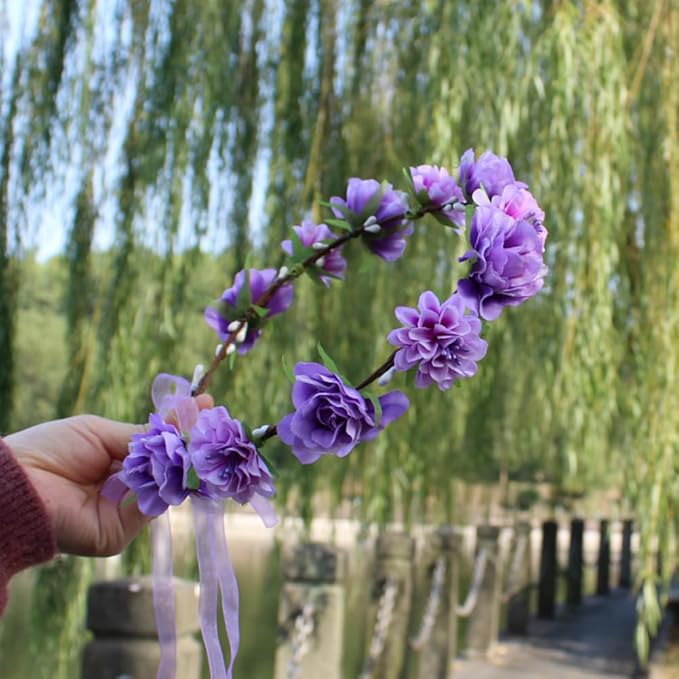 AKOAK 1 Pack Flower Crown, Bohemian Wreath for Girls Floral Tiara, Wedding Headband, Bride Bohemian Wreath/Baby Shower/Photo/Toddler (Purple)