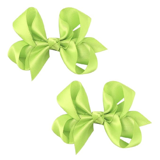 3 Inch Satin Bow for Little Girls - 2 Pcs (Neon Green)