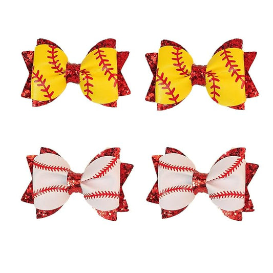 4PCS Baby Girl Hair Bow Clips Baseball and Softball Glitter Hair Bow Clips for Girls, Faux Leather Double Layer Sequin, Cheerleading Hair Accessories for Little GirlsToddler Kids Teens