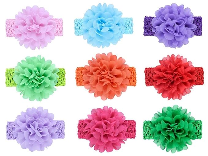 Baby Girls Headbands - Soft Elastic Hair Bands with 10 Lovely Colored Chiffon Flowers Hair-bows for Toddlers and Kids (10Pcs/pack, Chiffon Headbands)