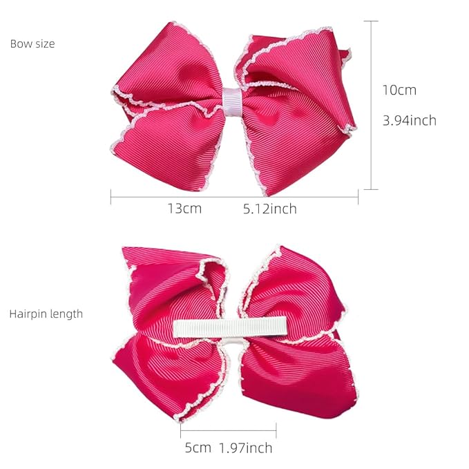 5 Inch Grosgrain Ribbon Bow Hair Clip for Baby Girls, Alligator Clips Hair Barrettes, Moonstitch Edge Hair Bows for Toddlers (White + Hot Pink)