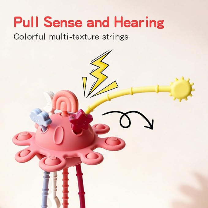 Food Grade Silicone Pull String Baby Toy, Montessori Pull String Sensory Toy for 18 Months Babies Teething Toys (Red)