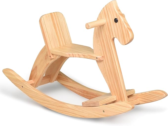 Rocking Horse Wooden Ride On Toy for Kids Classic Design Rocking Horse with Pedal and Safe Backrest Fine Workmanship(Classic, Natural)