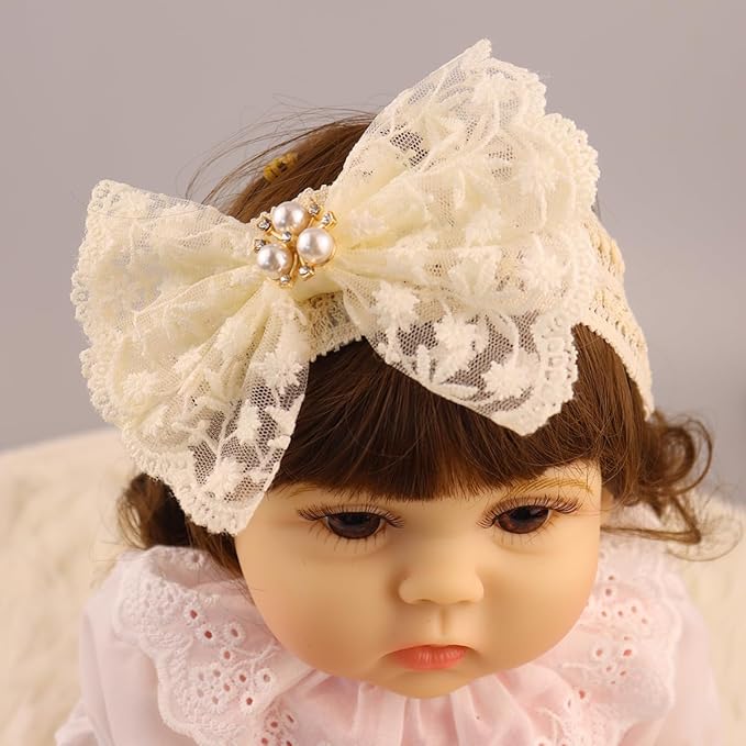 Lace Flower Bow-knot Baby Girls Headband Birthday Infant Wrap Elastic Baby Turban Hairband for Newborn Infant Toddler Kids (Ivory Pearl)