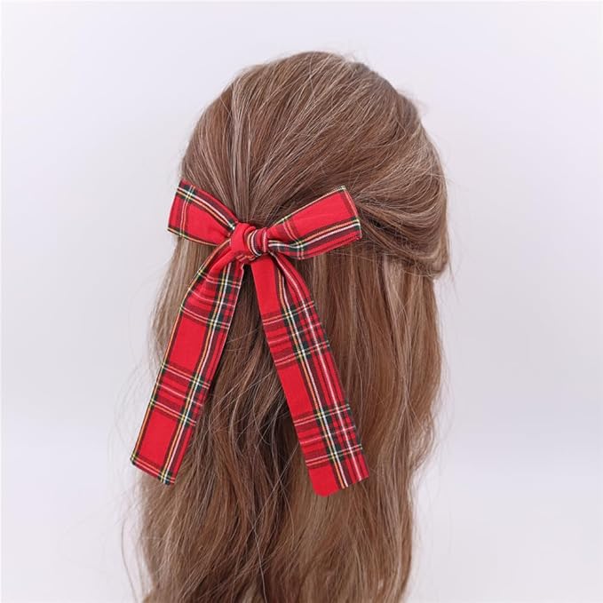Sugarmelon Set of 6 Tartan Bow Hair Clips for Baby Girl and Mom Women Plaid Headbands Scrunchies Scottish Tartan Hair Bows for School Girls (6 pcs Tartan Red)